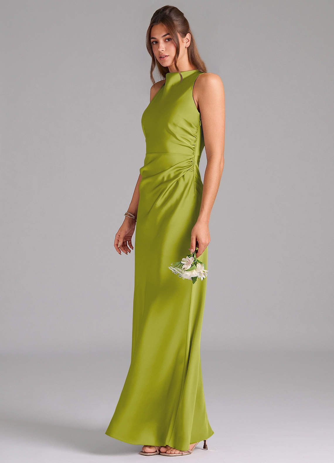 Evadne Sheath Scoop-Neck Stretch Satin Bridesmaid Dress in Lemongrass