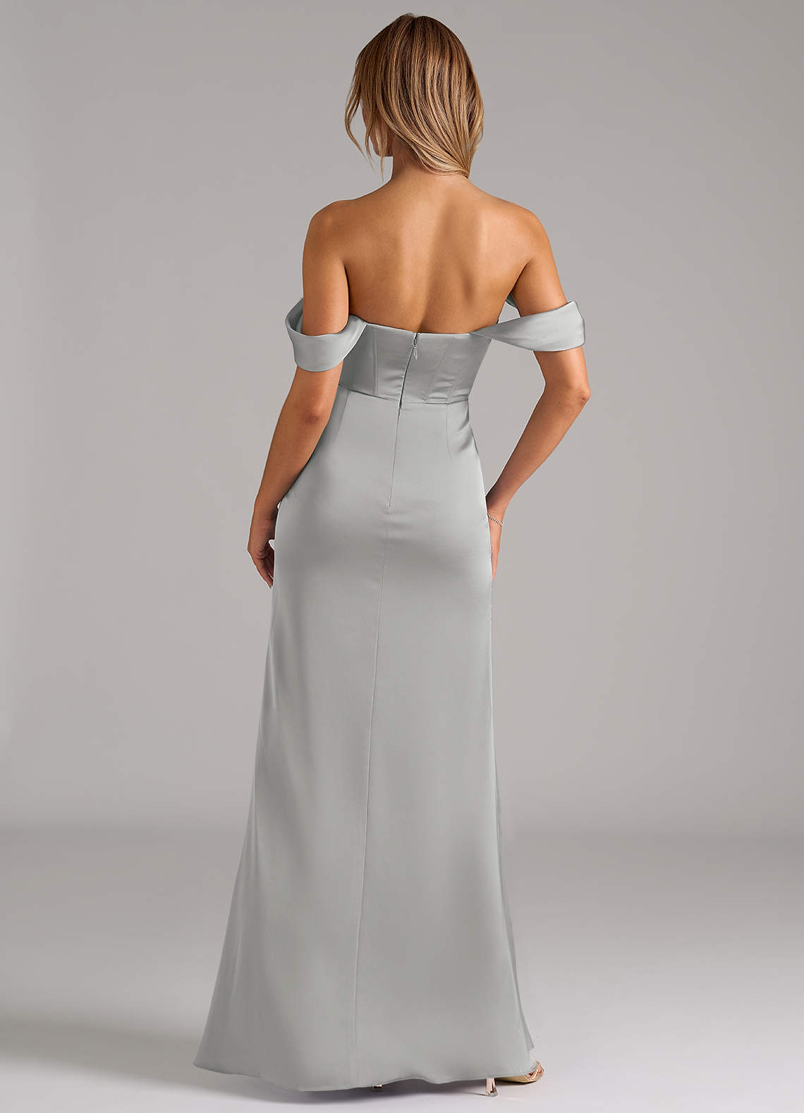 Johana Mermaid Off-the-Shoulder Stretch Satin Bridesmaid Dress in Silver