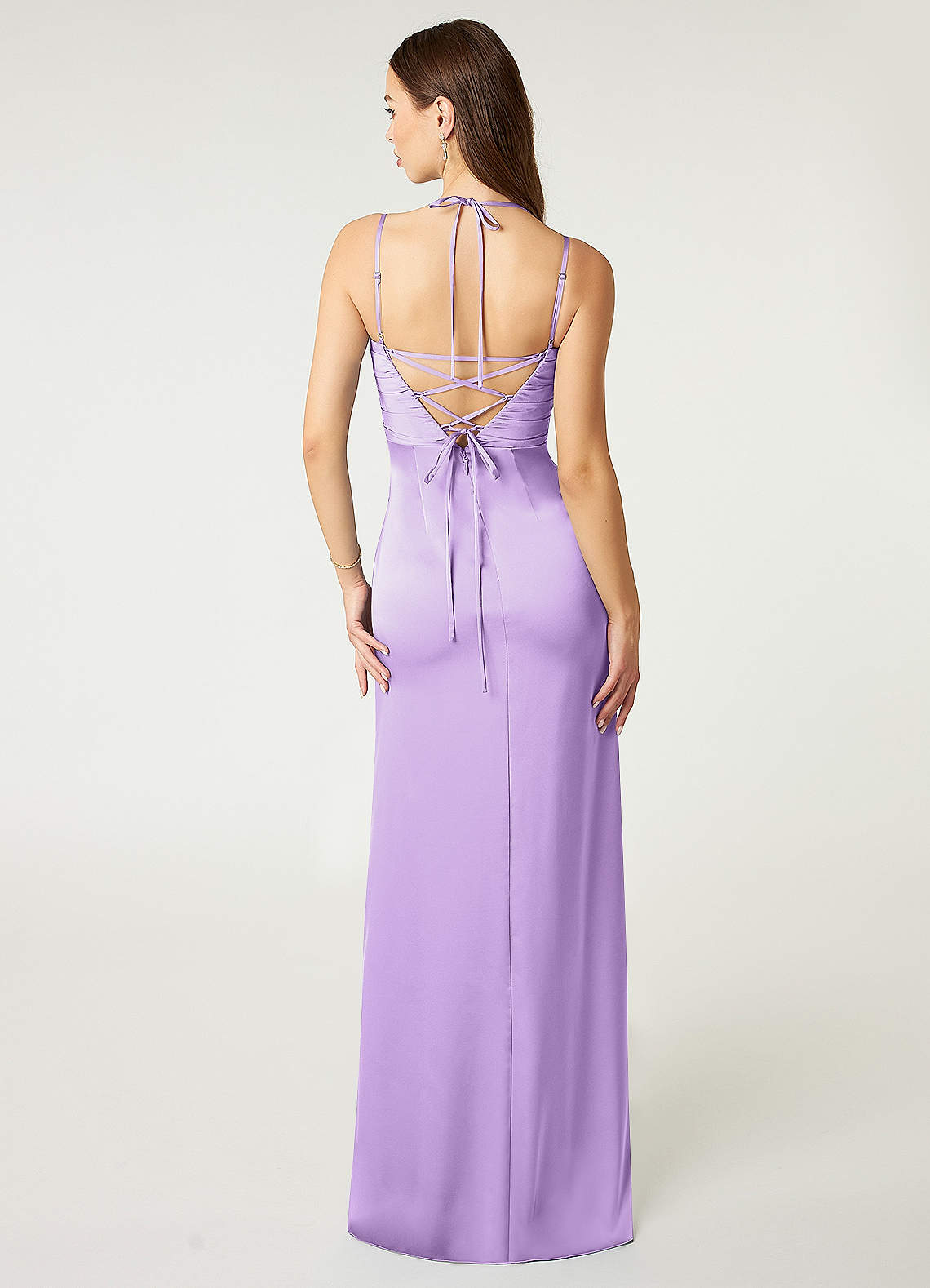Desi Sheath Halter Stretch Satin Bridesmaid Dress in Lilac