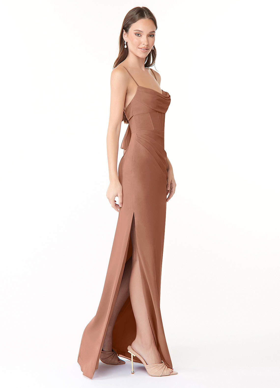 Mai Sheath Cowl-Neck Chiffon Bridesmaid Dress in Bronzer