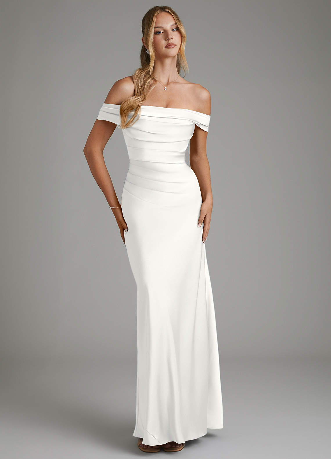 Hayden Mermaid Off-the-Shoulder Stretch Satin Bridesmaid Dress in white