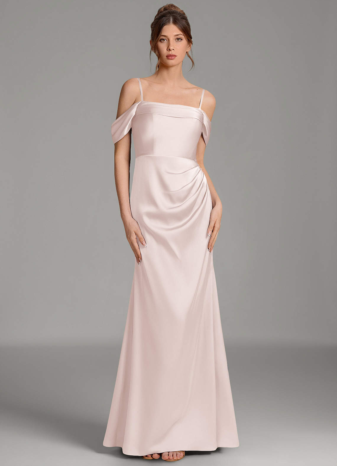 Wyatt Mermaid Off-the-Shoulder Stretch Satin Bridesmaid Dress in Blushing Pink