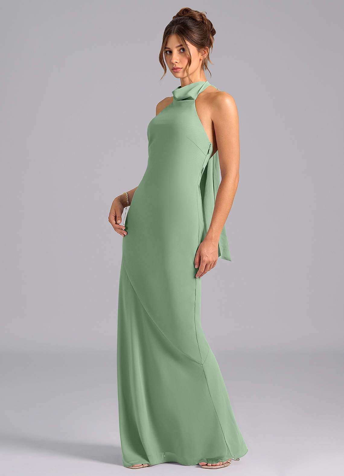 Velli Mermaid Halter Chiffon Bridesmaid Dress in Matcha