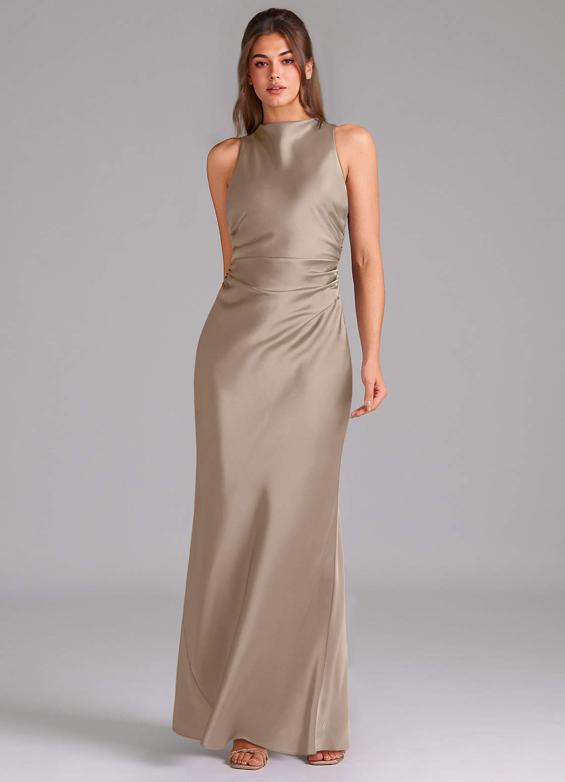 Evadne Sheath Scoop-Neck Stretch Satin Bridesmaid Dress in Taupe