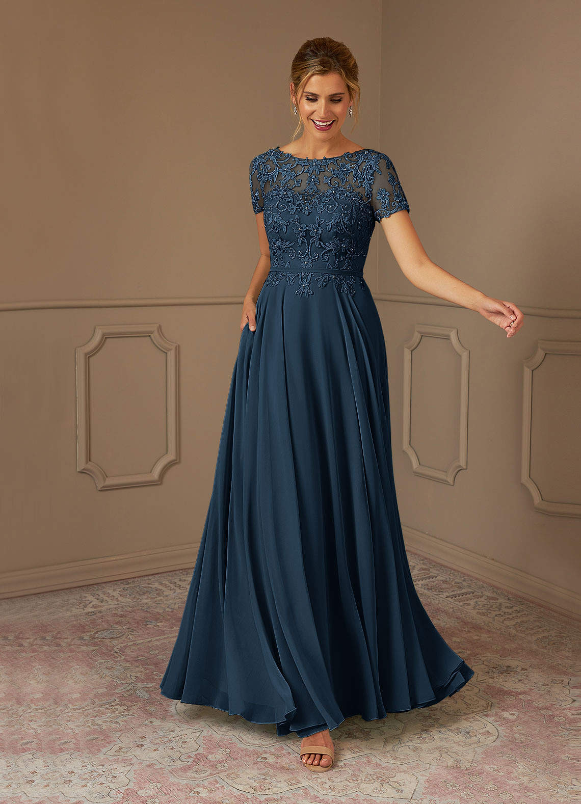Adina A-Line Boat-Neck Chiffon Mother of the Bride Dress in Dark Navy