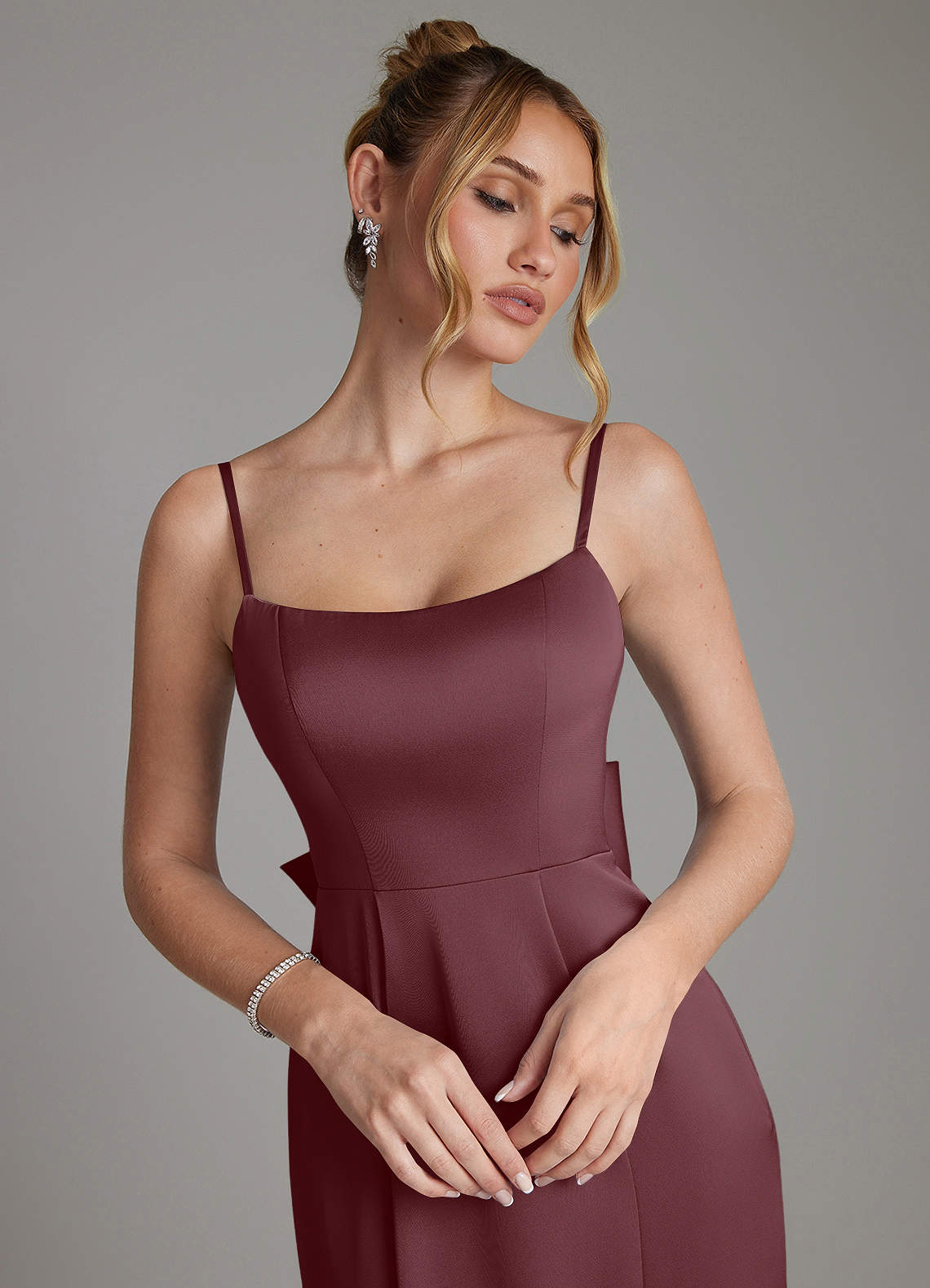 Zherra Mermaid Scoop-Neck Stretch Satin Bridesmaid Dress in Sangria