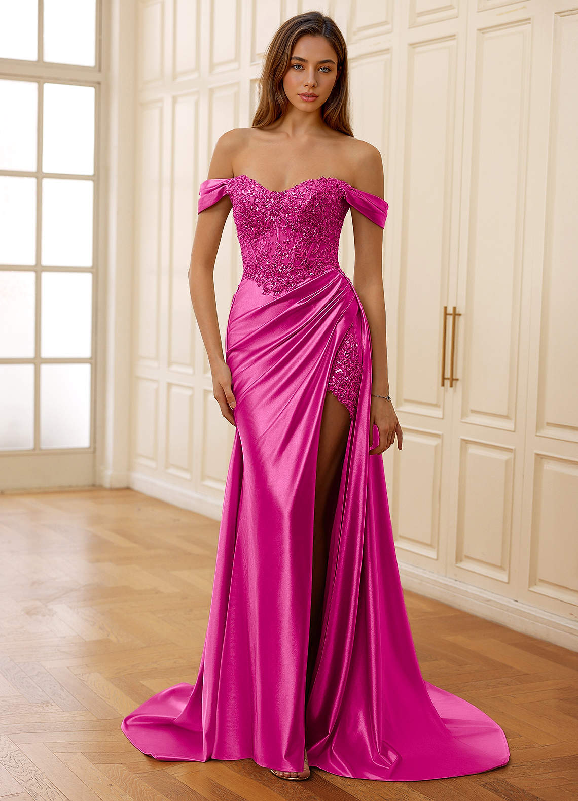 Rowane A-Line Off-the-Shoulder Satin Evening Dress in Magenta