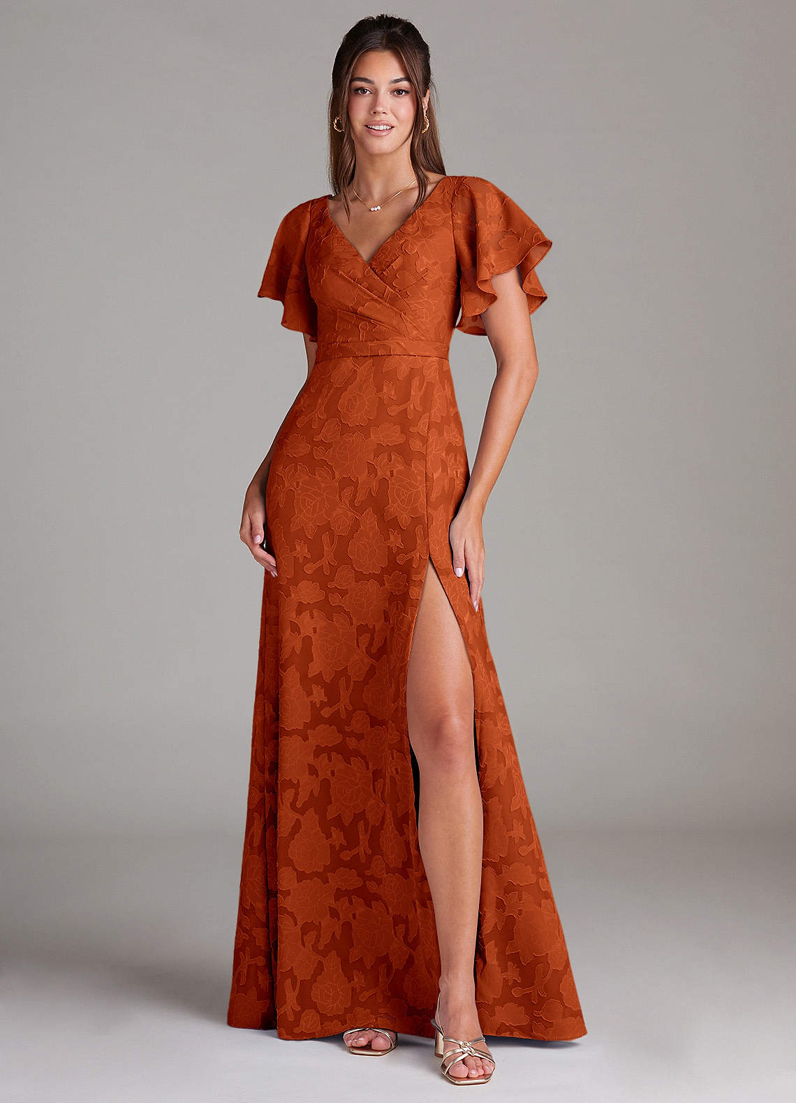 Ambrosia A-Line V-Neck Floral Burnout Bridesmaid Dress in Paprika