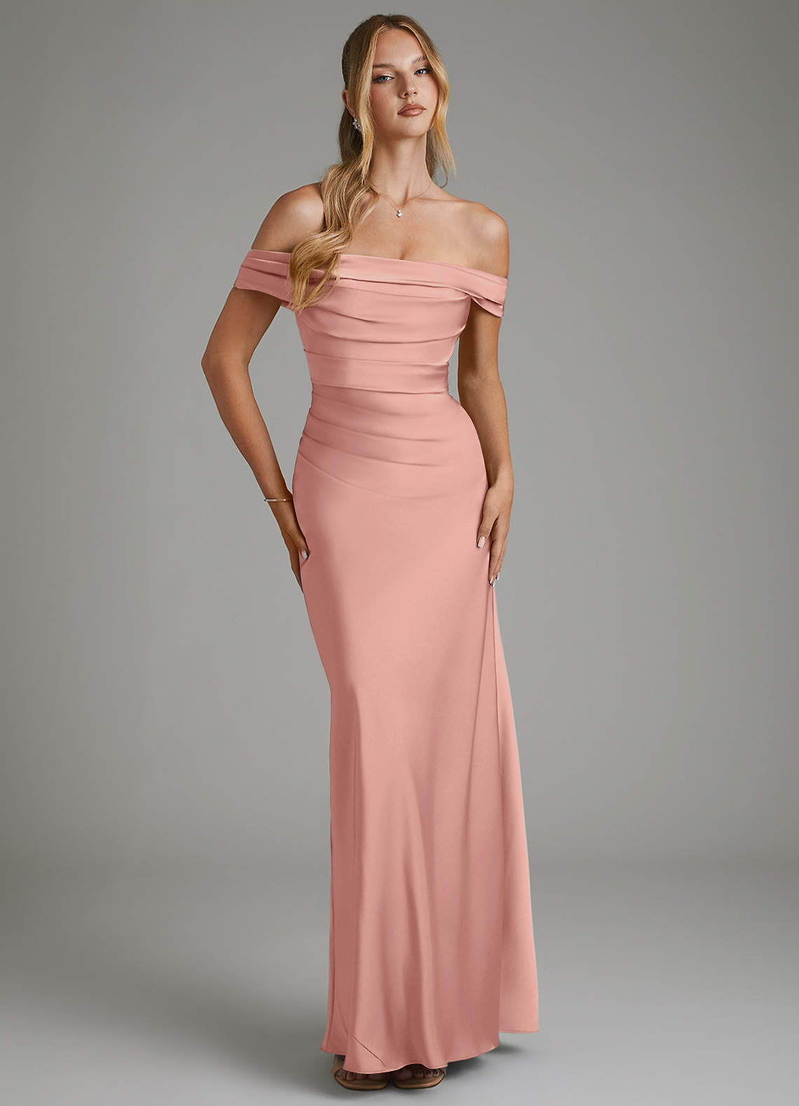Hayden Mermaid Off-the-Shoulder Stretch Satin Bridesmaid Dress in Rosette