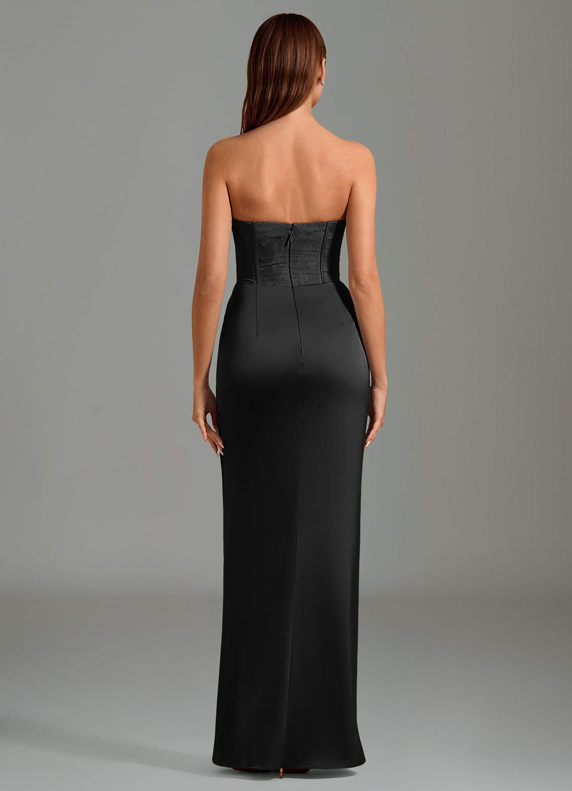 Emilia Mermaid Strapless Stretch Satin and Floral Burnout Bridesmaid Dress in black