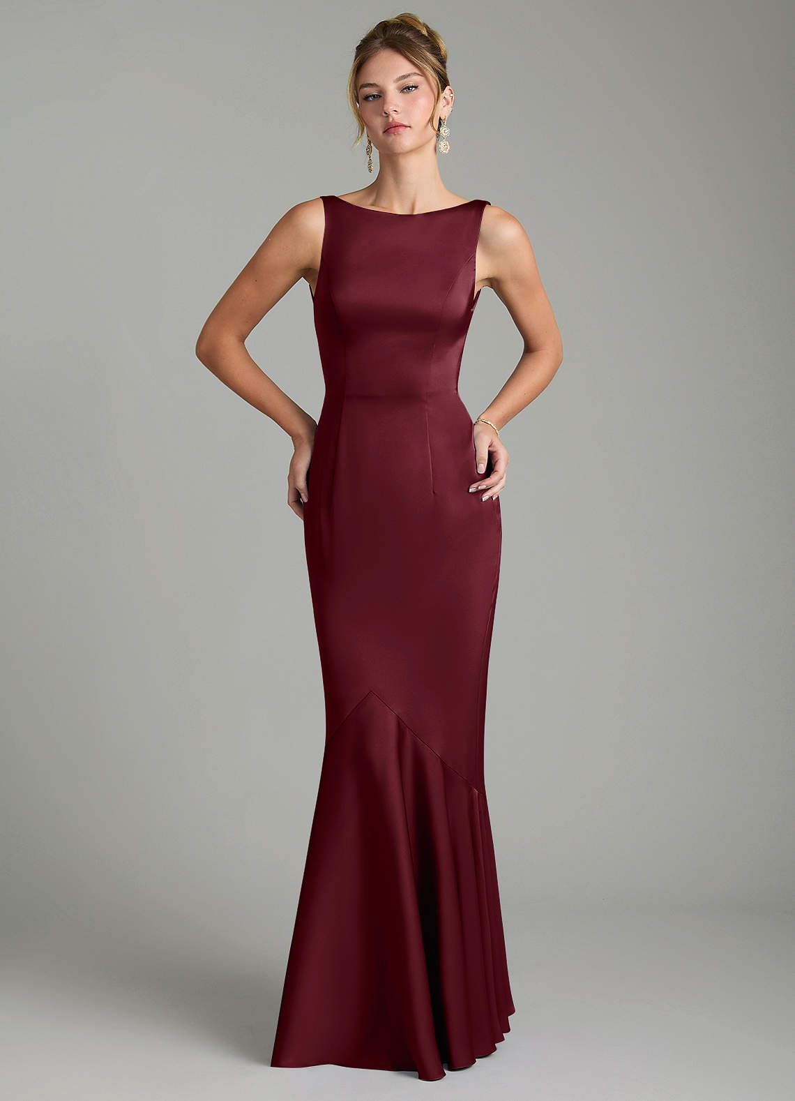 Tamera Mermaid Boat-Neck Stretch Satin and Chiffon Bridesmaid Dress in Cabernet