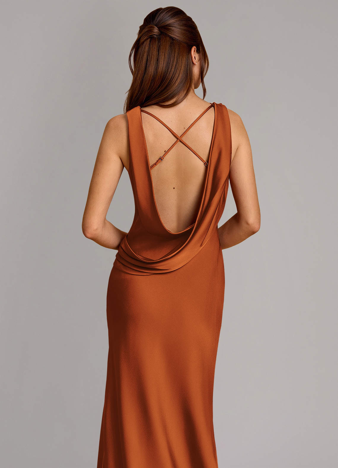 Cheryl Mermaid Cowl-Neck Stretch Satin Bridesmaid Dress in Cinnamon