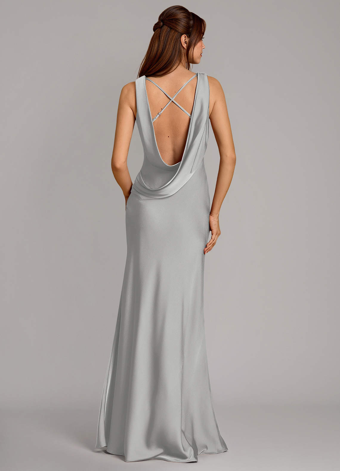 Cheryl Mermaid Cowl-Neck Stretch Satin Bridesmaid Dress in Silver
