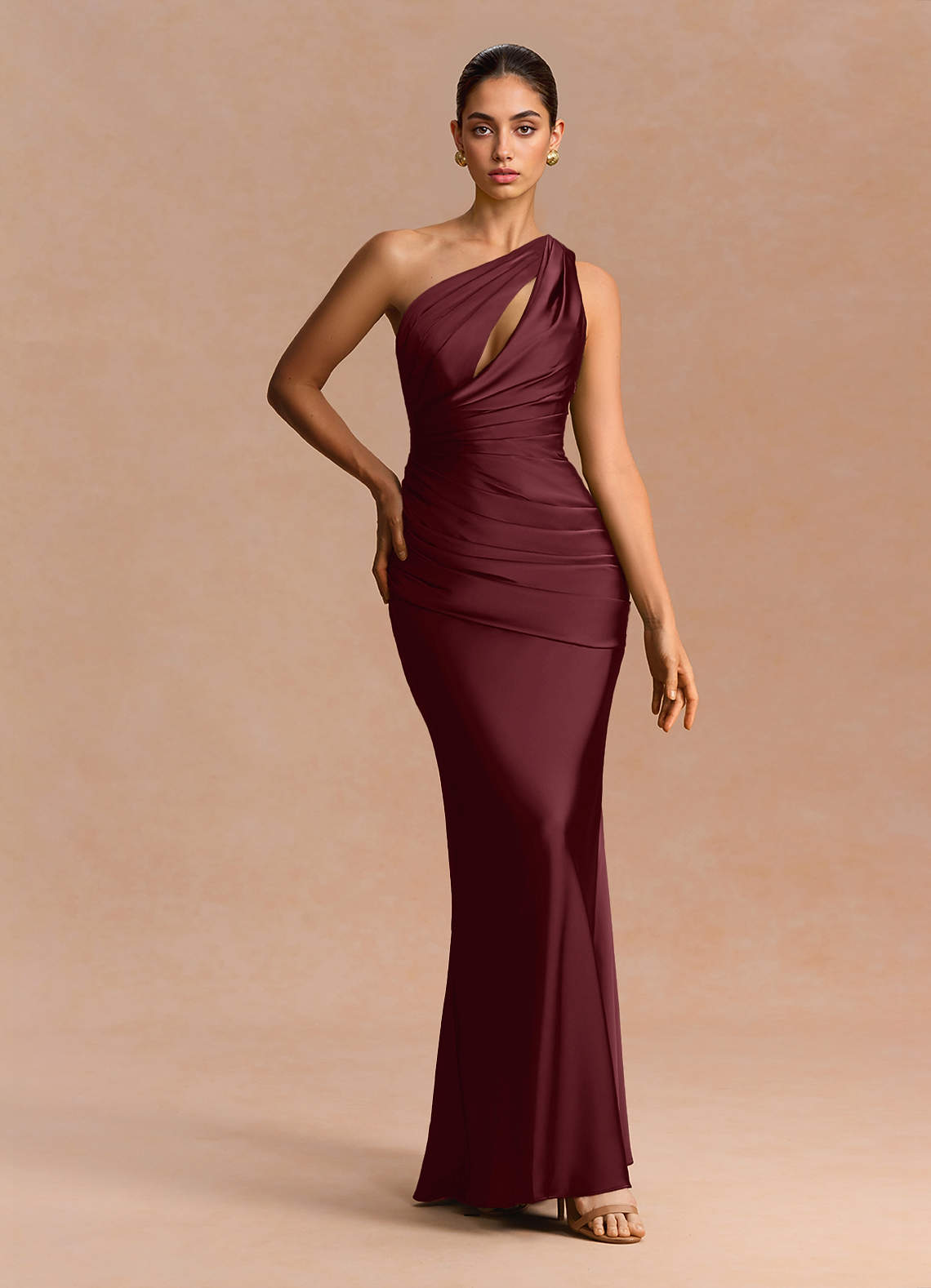 Guinevere One-Shoulder Cutout Stretch Satin Evening Dress in Wine
