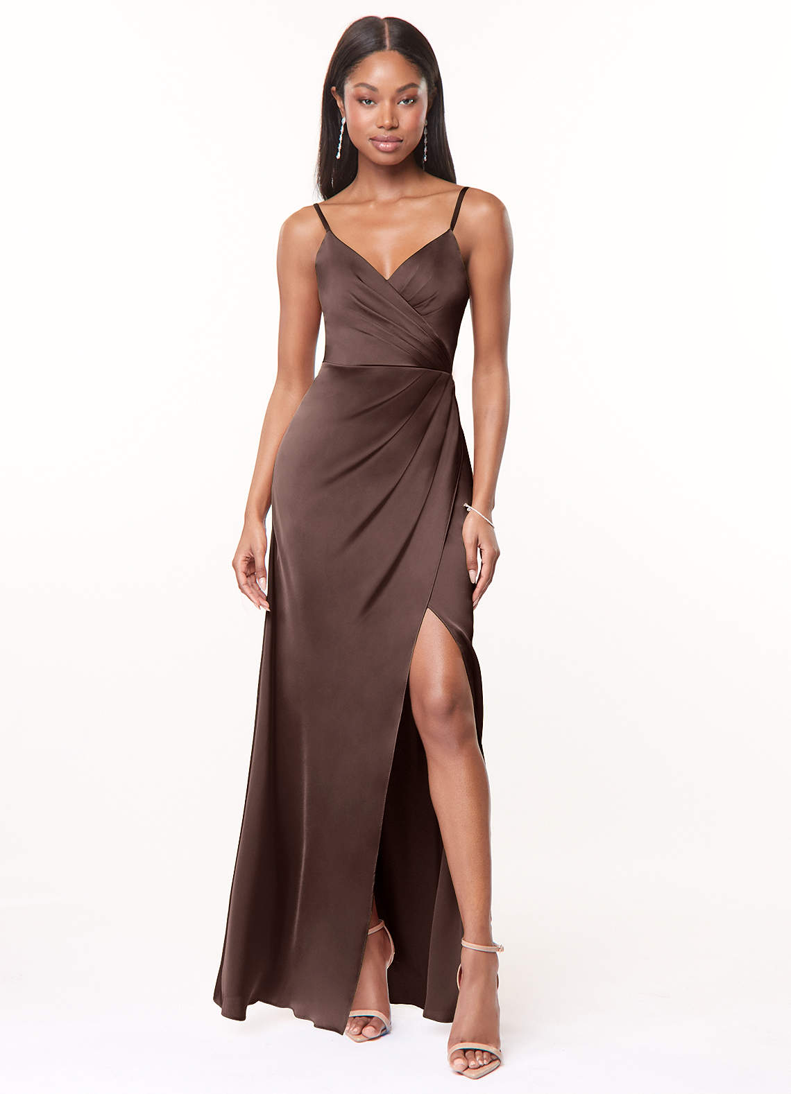 Maci A-Line V-Neck Stretch Satin Bridesmaid Dress in Ganache