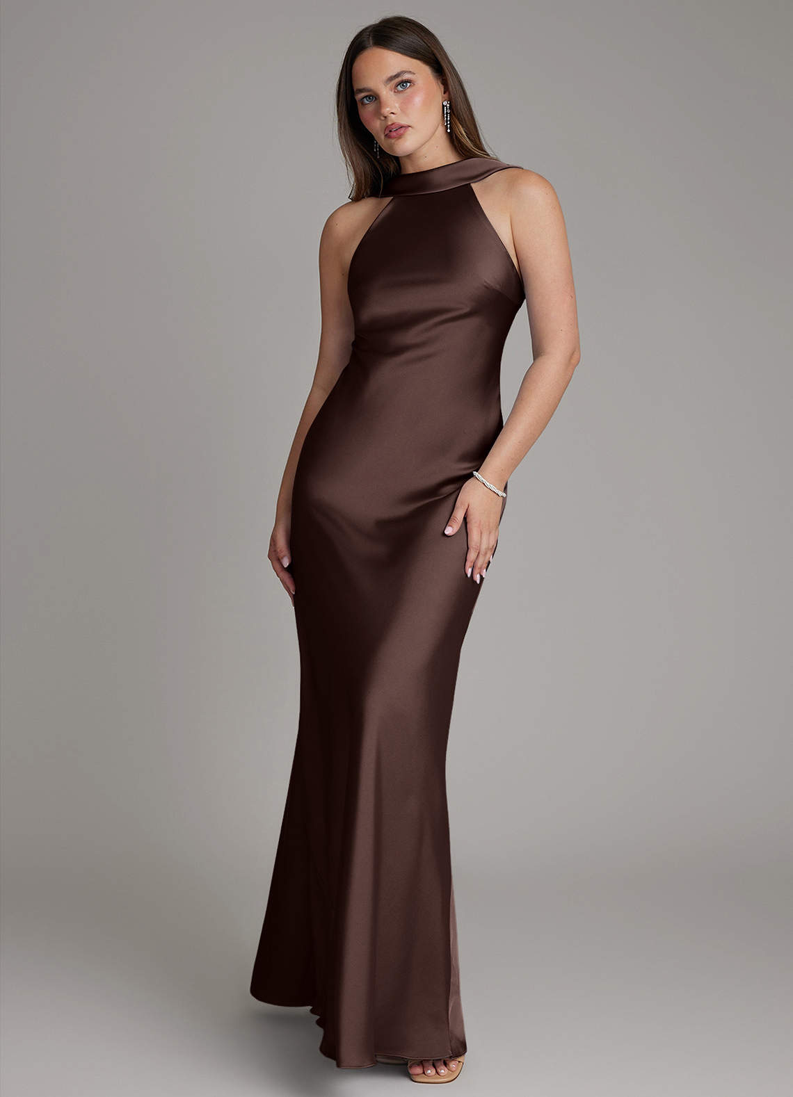 Dimitra Sheath Halter Stretch Satin Bridesmaid Dress in Ganache