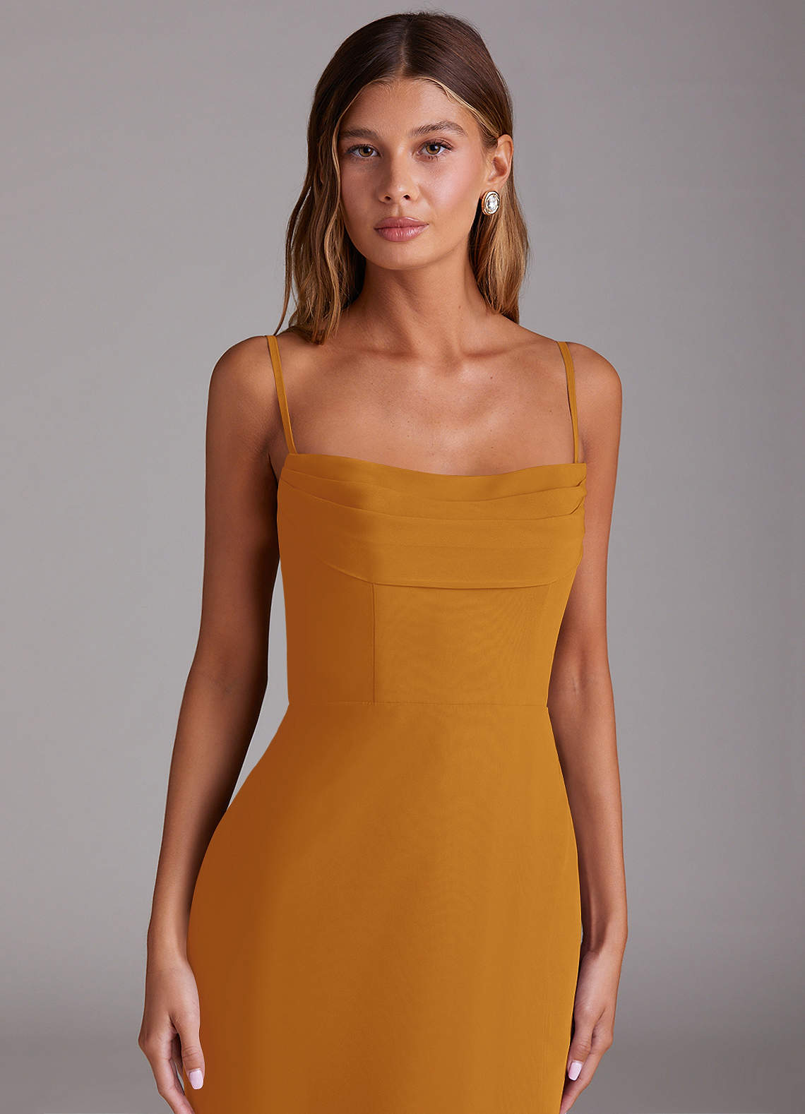 Saige A-Line Off-the-Shoulder Chiffon Bridesmaid Dress in butterscotch