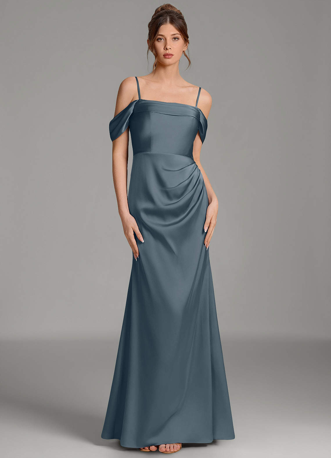 Wyatt Mermaid Off-the-Shoulder Stretch Satin Bridesmaid Dress in Twilight
