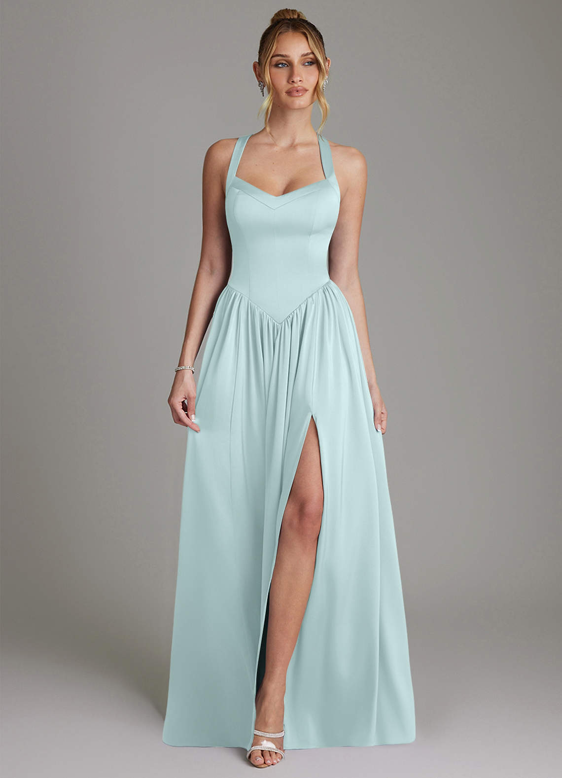 Francis A-Line V-Neck Stretch Satin Bridesmaid Dress in Sea Glass