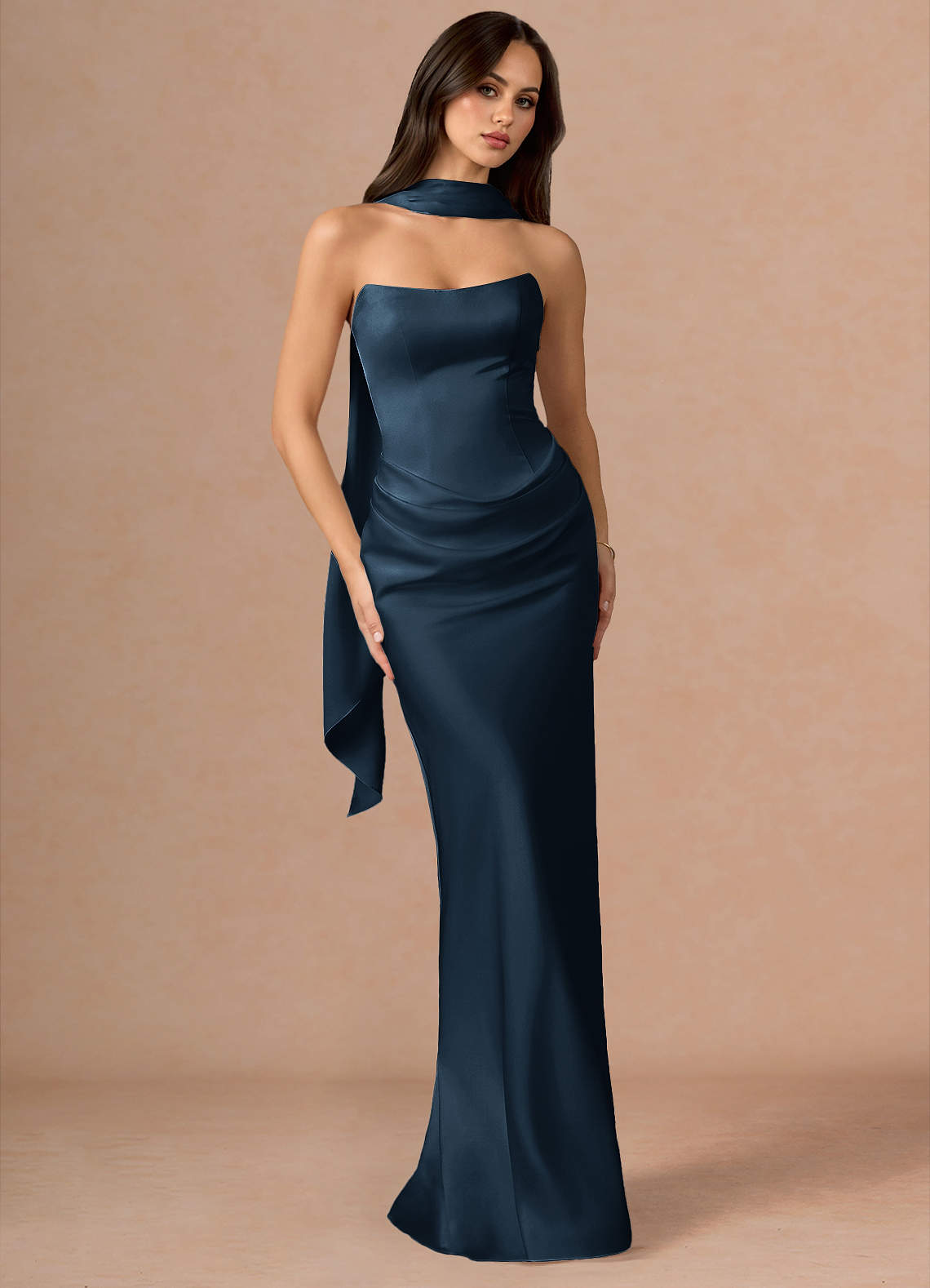 Valencia Scarf Lace-Up Stretch Satin Evening Dress in Dusty Blue