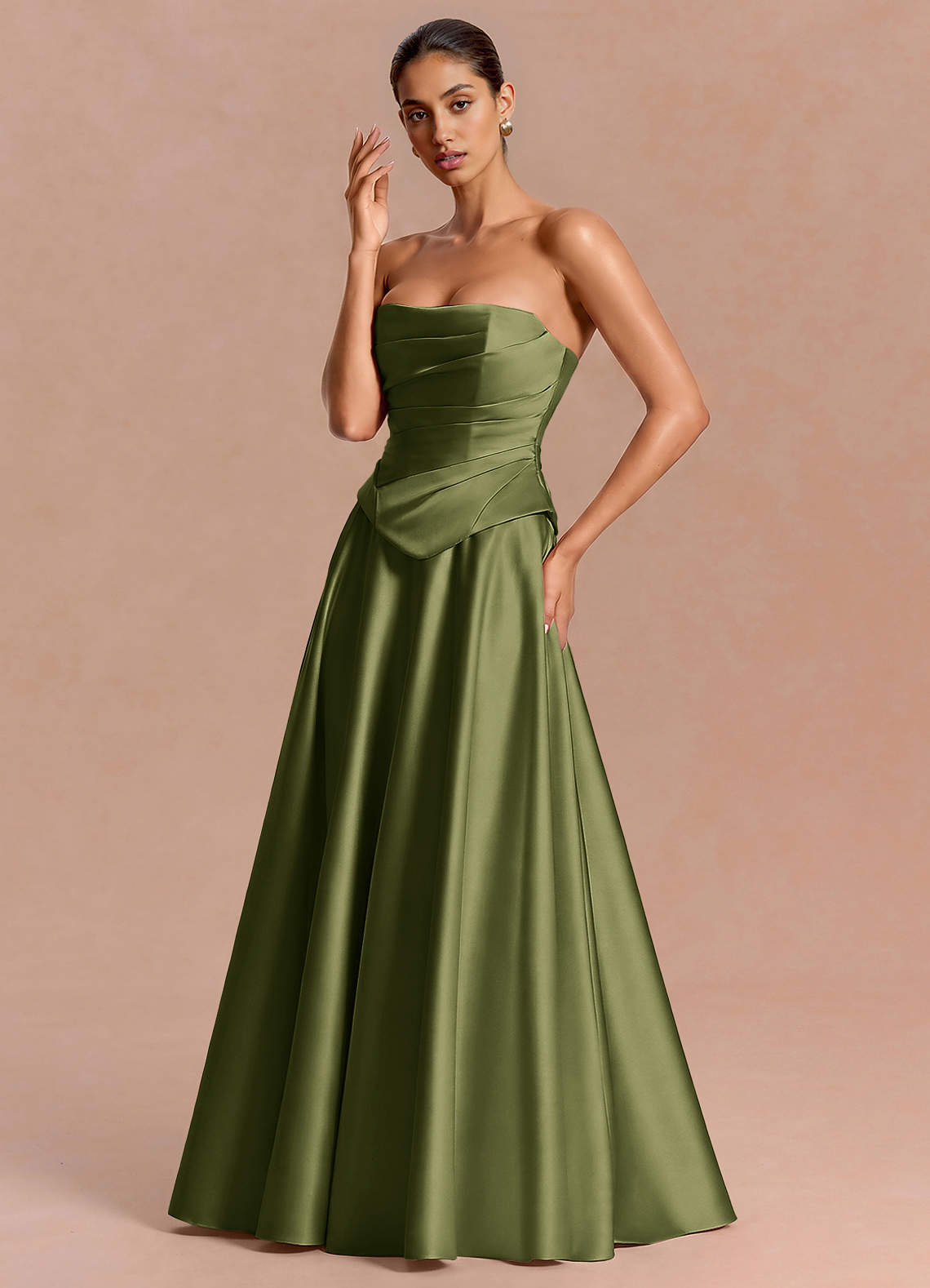 Eponine A-Line Pleated Stretch Satin Evening Dress in Olive