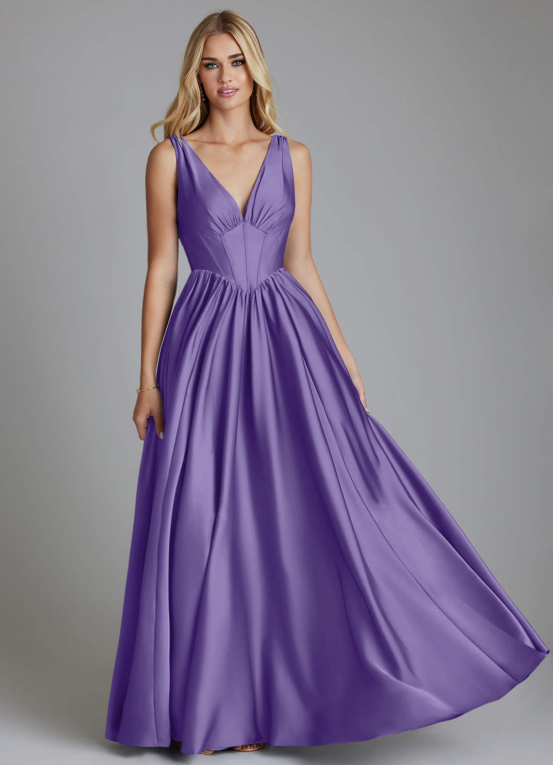 Delmie A-Line V-Neck Stretch Satin Bridesmaid Dress in Tahiti