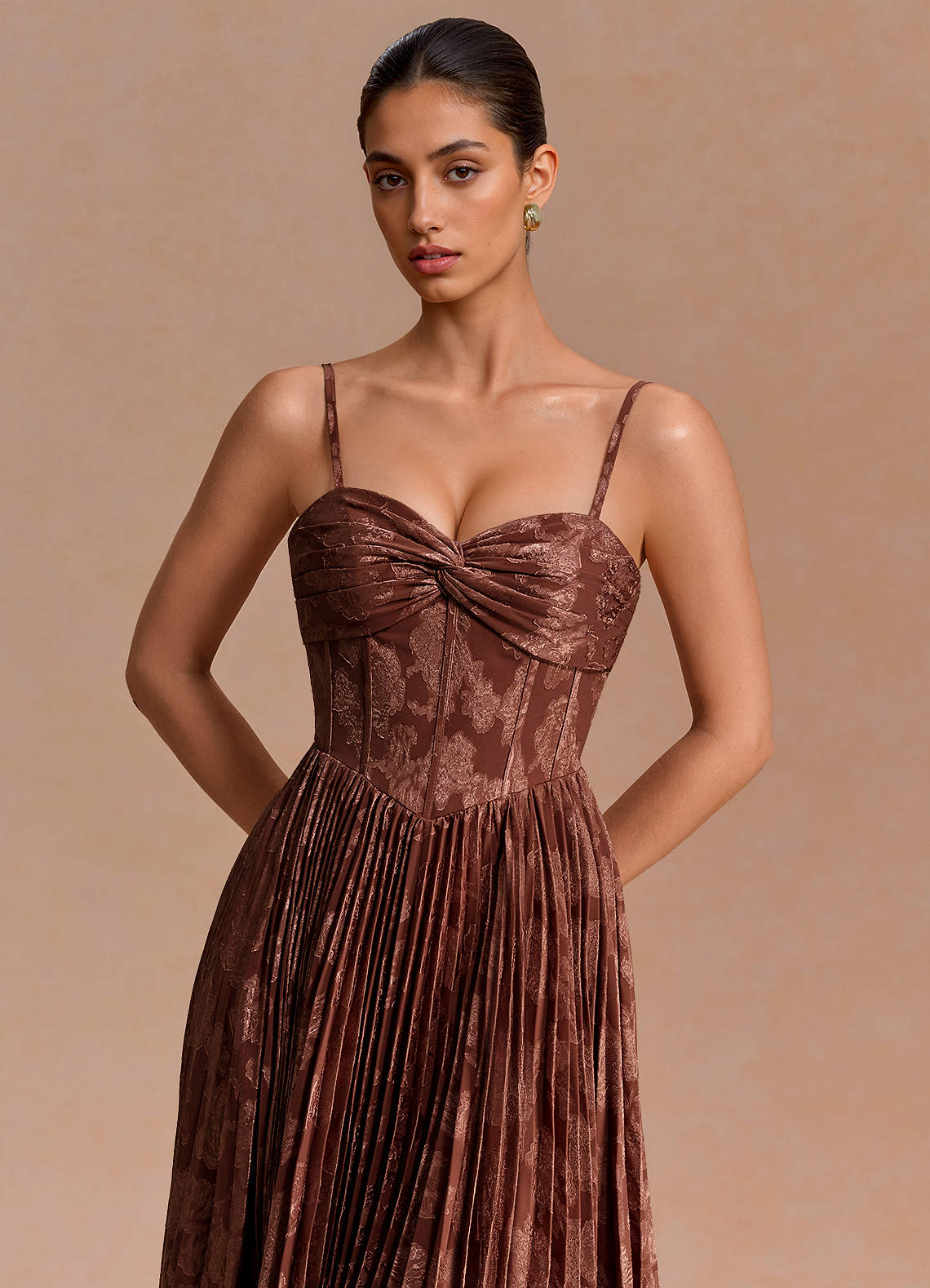 Delfina A-Line Twisted-Bust Fil Coupé Evening Dress in Mocha Coco