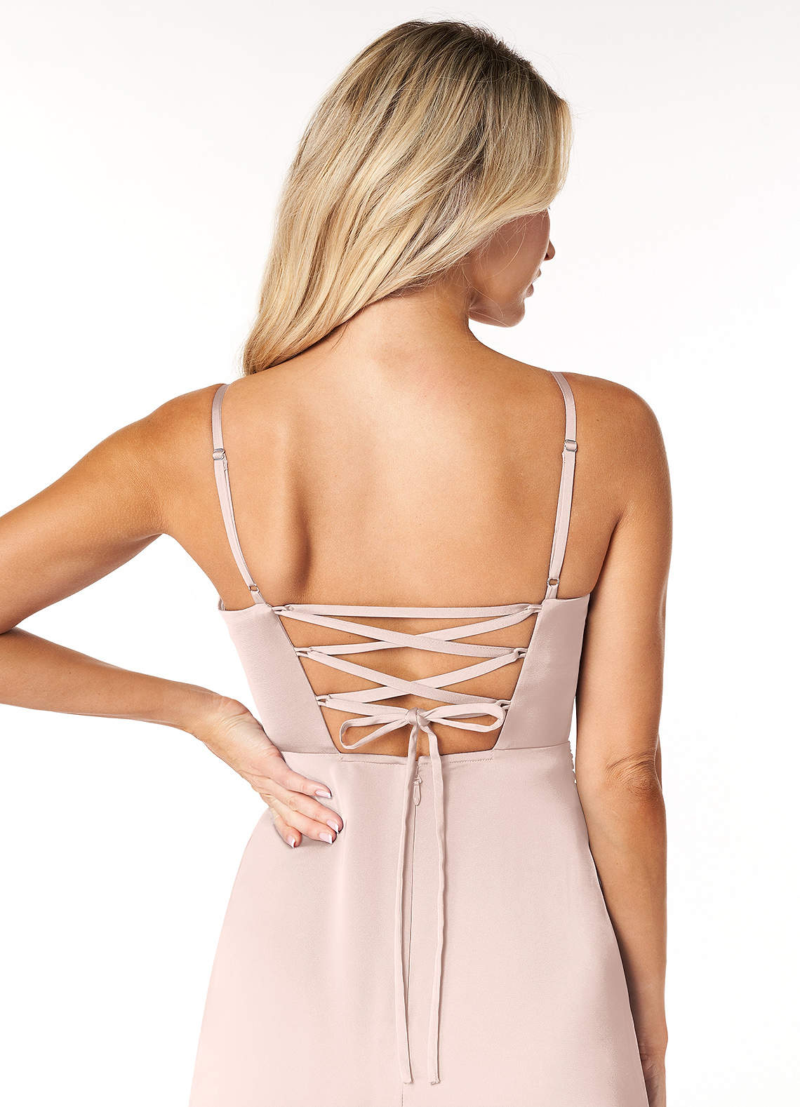 Marchella A-Line V-Neck Stretch Satin Bridesmaid Dress in Blushing Pink