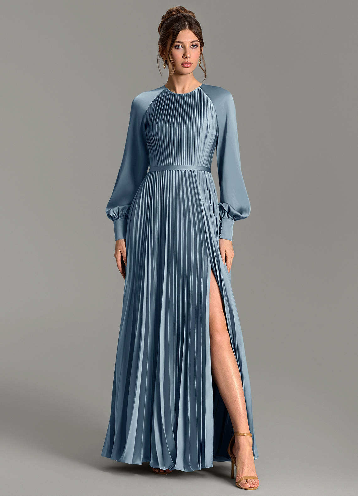 Grayson A-Line Scoop-Neck Stretch Satin Bridesmaid Dress in dusty blue