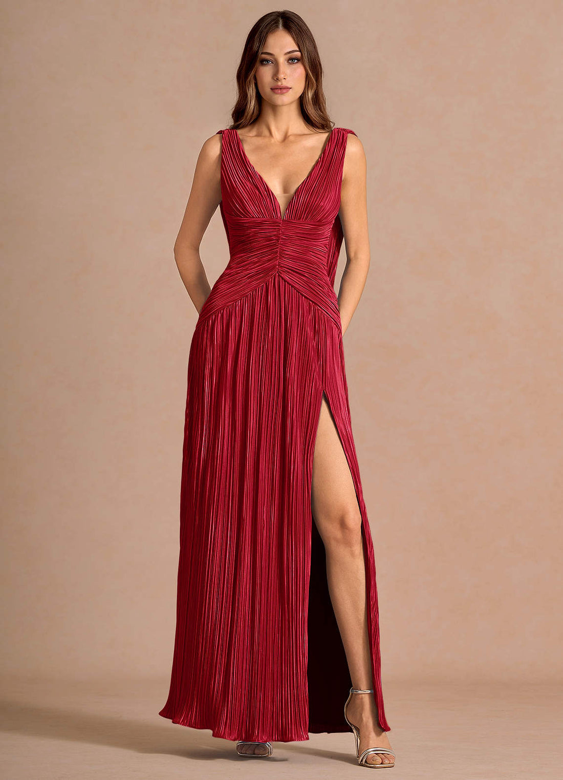 Quellia Sheath V-Neck Stretch Knit Wedding Guest Dress in Red