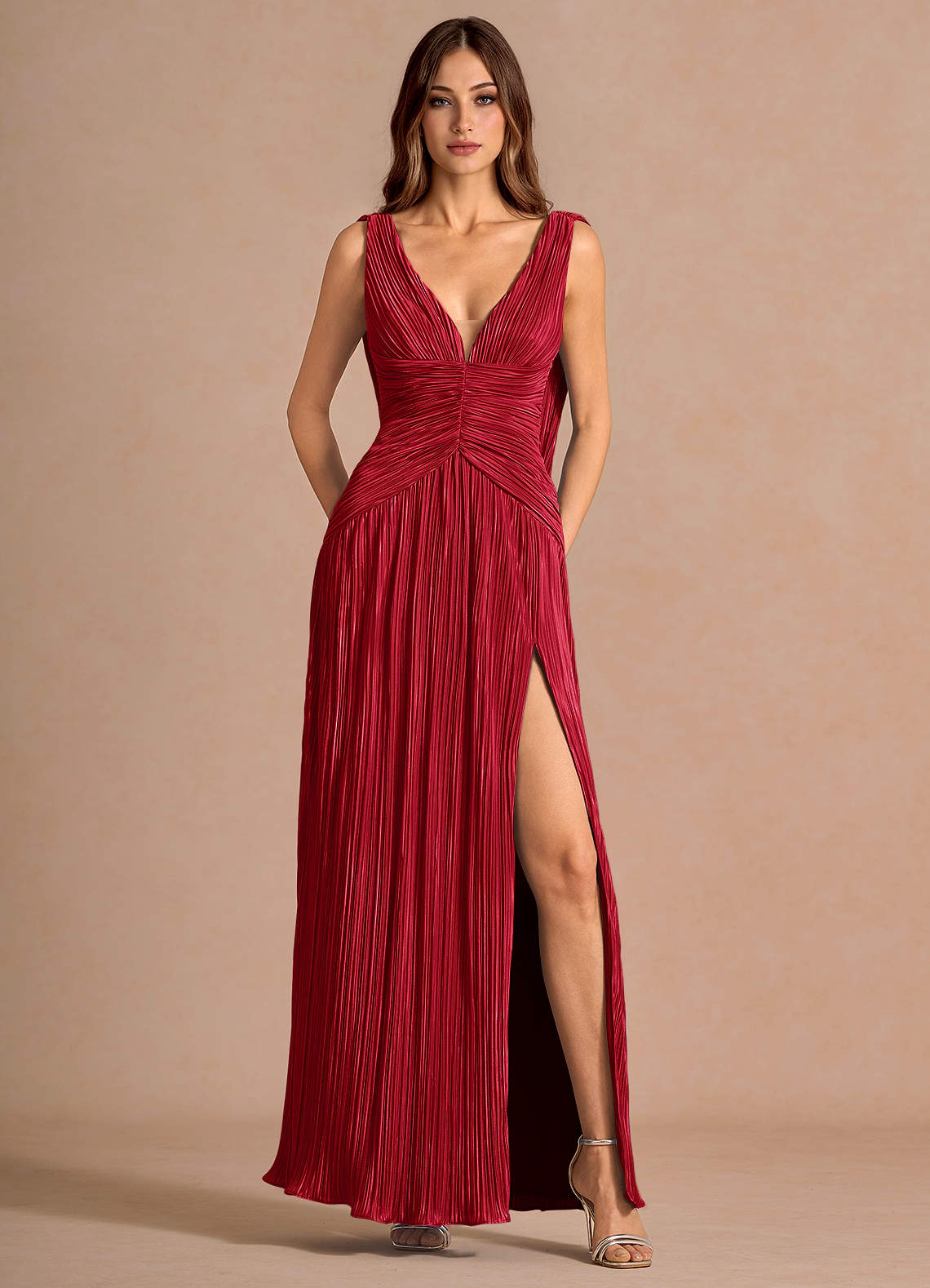Quellia Sheath V-Neck Stretch Knit Wedding Guest Dress in Red