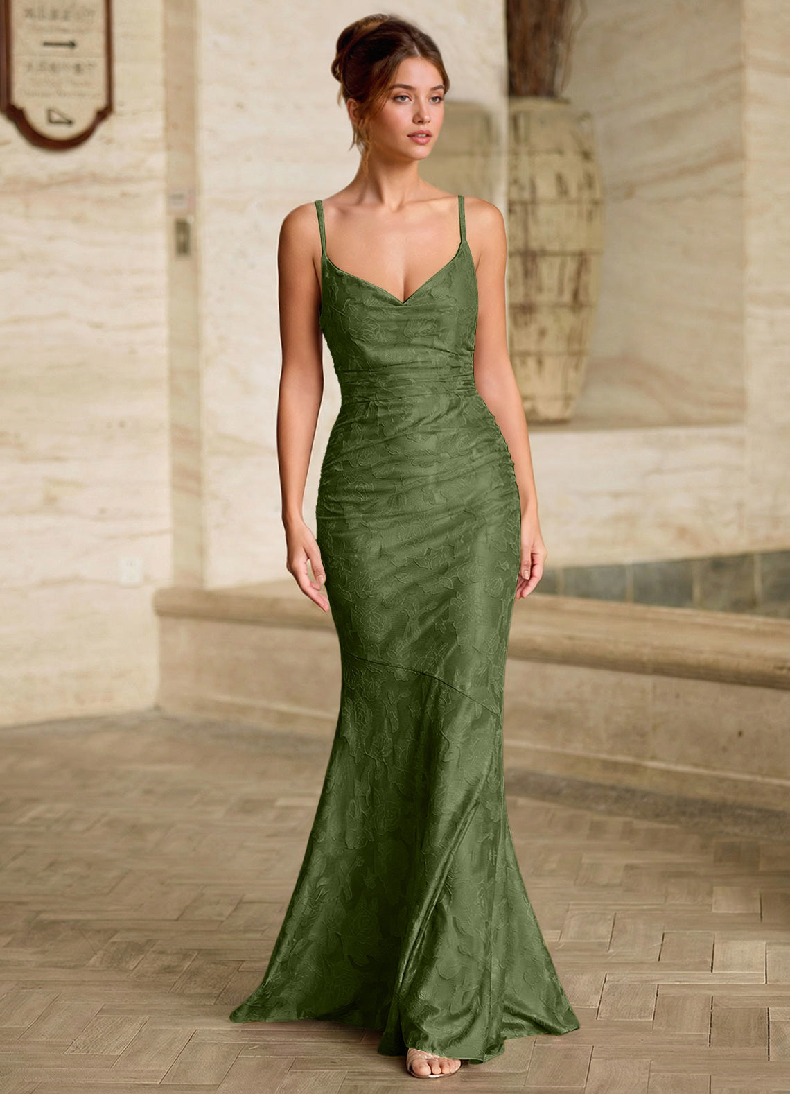 Leahenmo Mermaid Cowl-Neck Floral Burnout Prom Dress in Olive - photo 3