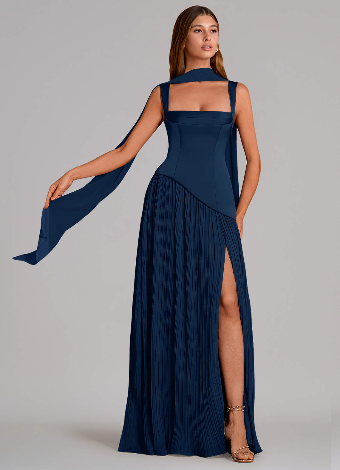Stephanie A-Line Square-Neck Stretch Satin and Chiffon Bridesmaid Dress in Dark Navy