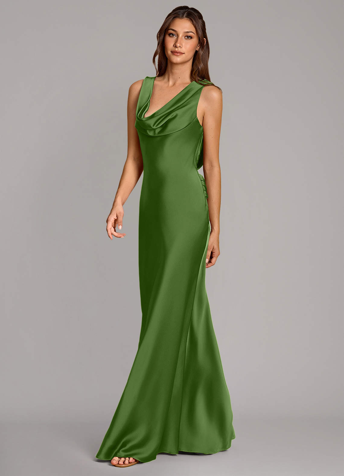 Cheryl Mermaid Cowl-Neck Stretch Satin Bridesmaid Dress in Basil
