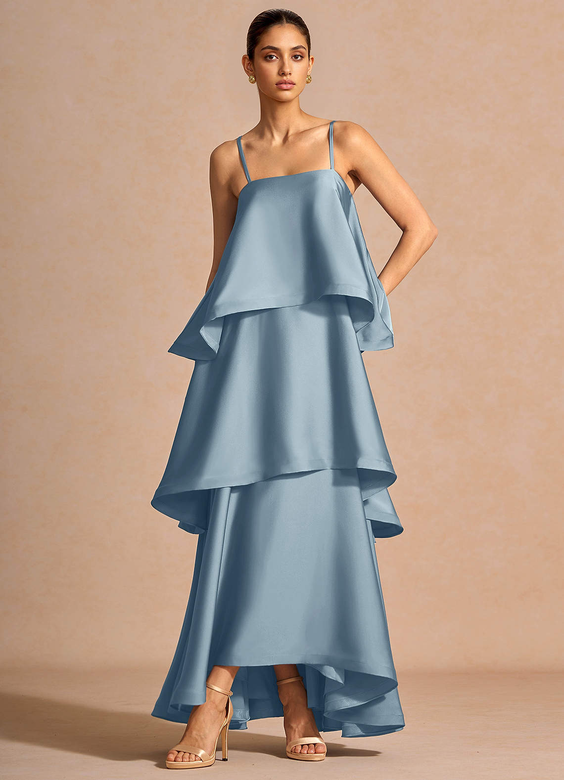 Itasca A-Line Tiered Stretch Satin Wedding Guest Dress in Powder Blue
