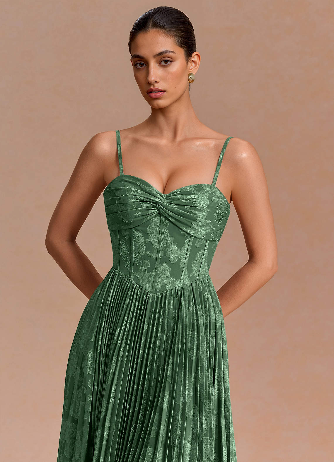 Delfina A-Line Twisted-Bust Fil Coupé Evening Dress in Eucalyptus