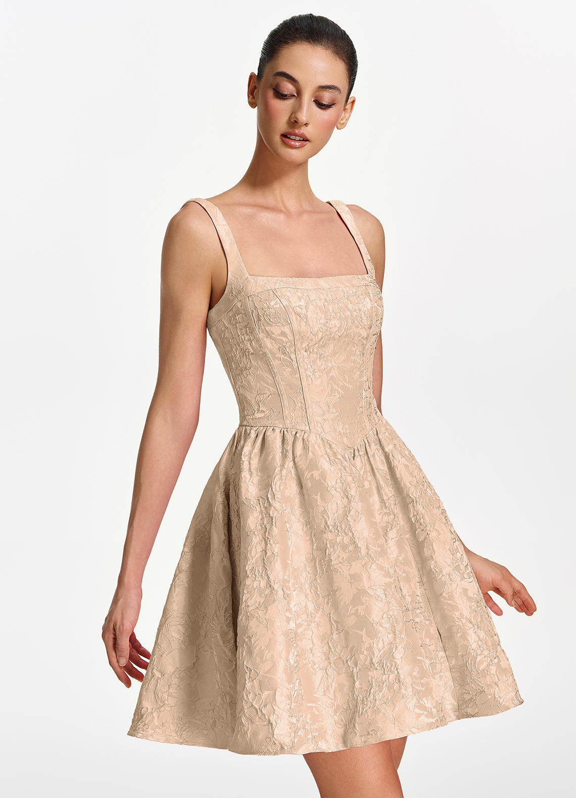 Lionelle Skater Mini Square-Neck Jacquard Prom Dress in Champagne - photo 3