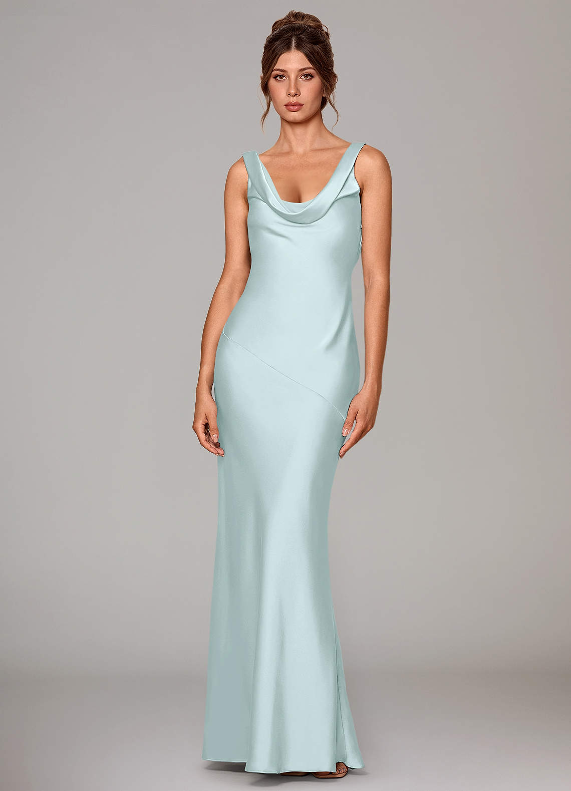 Rylina Mermaid Cowl-Neck Stretch Satin Bridesmaid Dress in Sea Glass