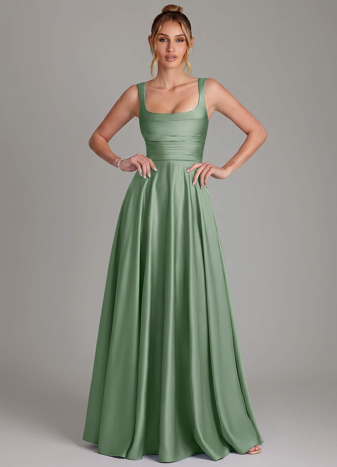 Azaria A-Line Square-Neck Stretch Satin Bridesmaid Dress in Matcha