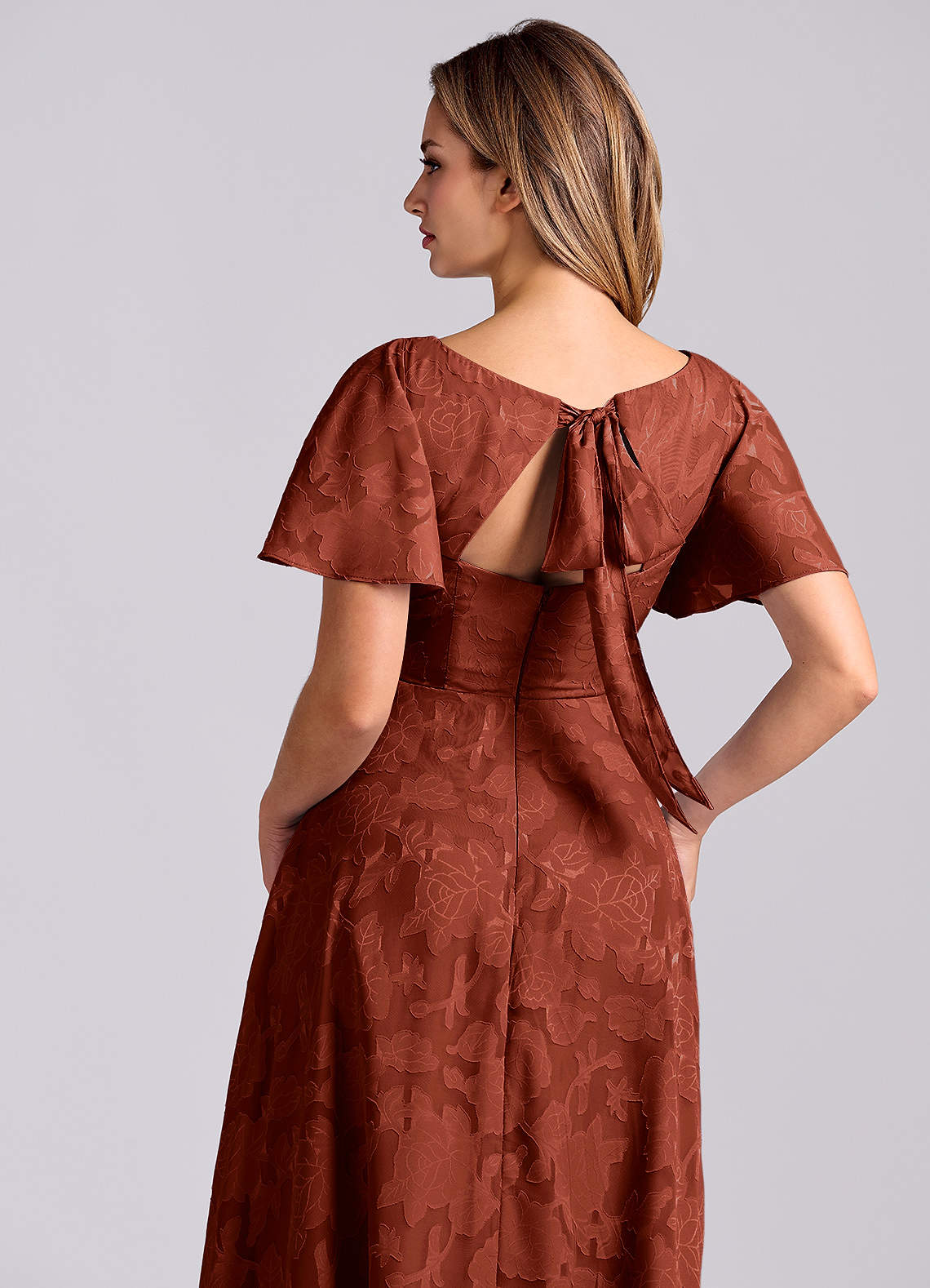 Kimber A-Line V-Neck Floral Burnout Bridesmaid Dress in Terracotta