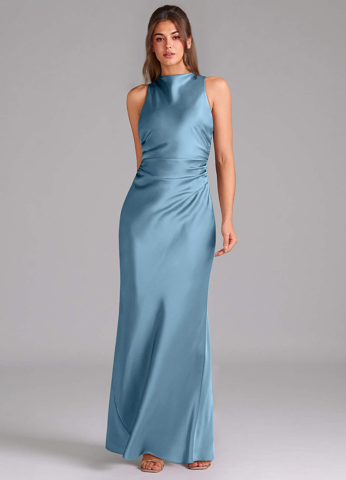 Evadne Sheath Scoop-Neck Stretch Satin Bridesmaid Dress in Steel Blue
