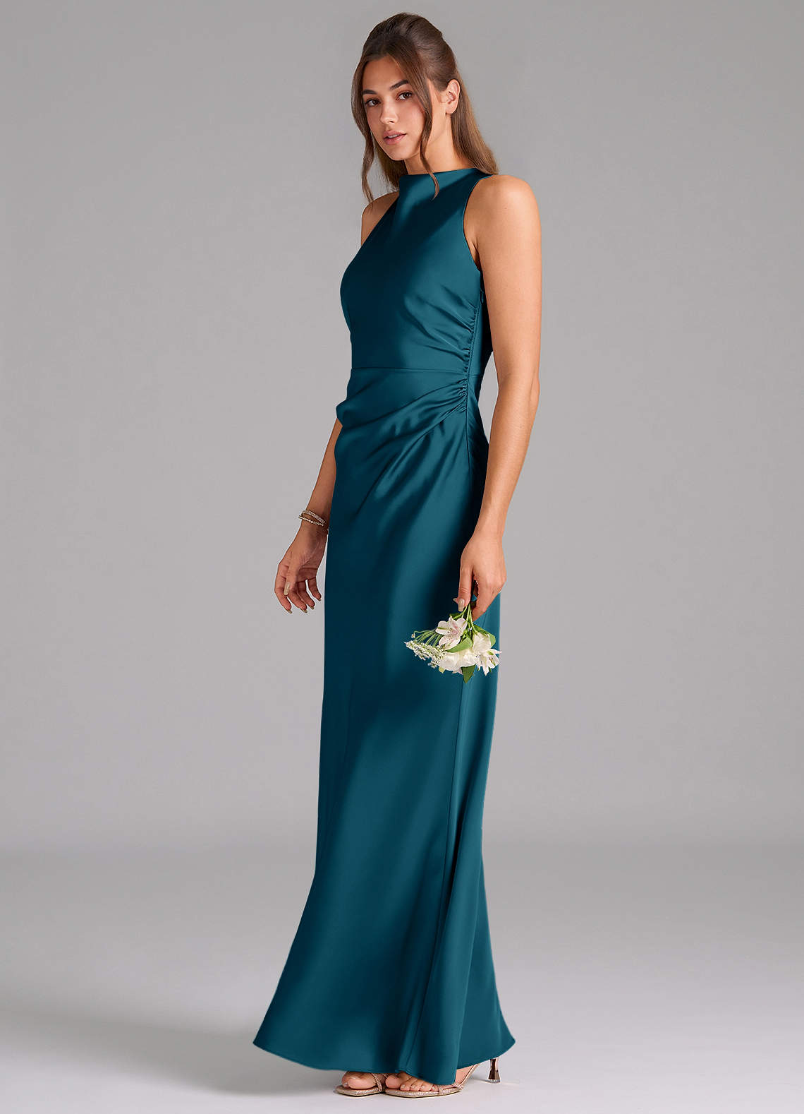 Evadne Sheath Scoop-Neck Stretch Satin Bridesmaid Dress in Ink Blue