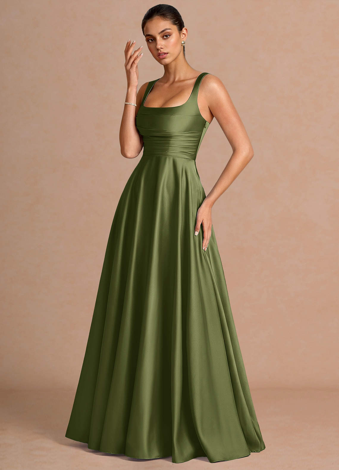 Azaria A-Line Square-Neck Stretch Satin Wedding Guest Dress in Olive