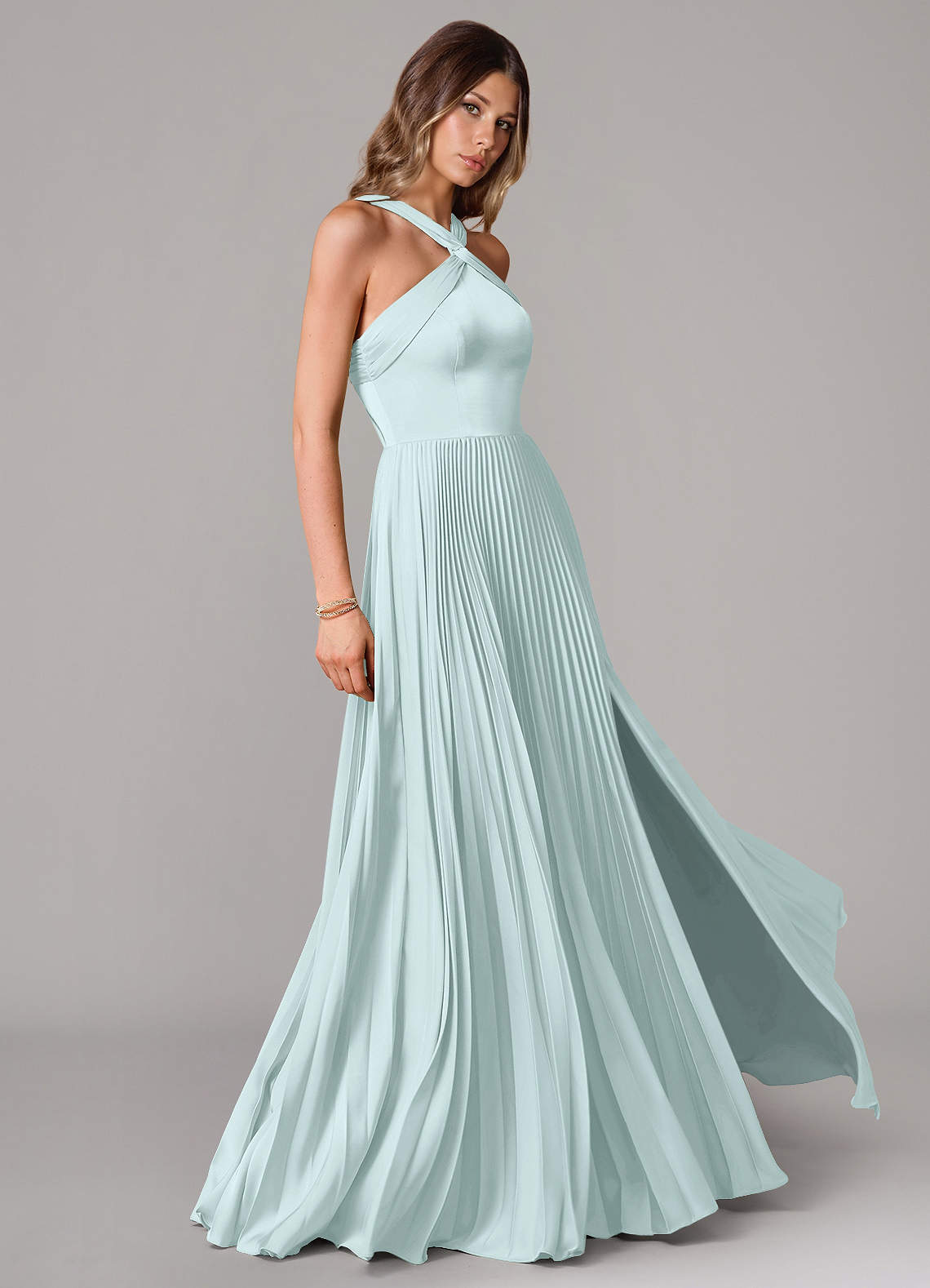 Afra A-Line Halter-Neck Stretch Satin Bridesmaid Dress in Sea Glass