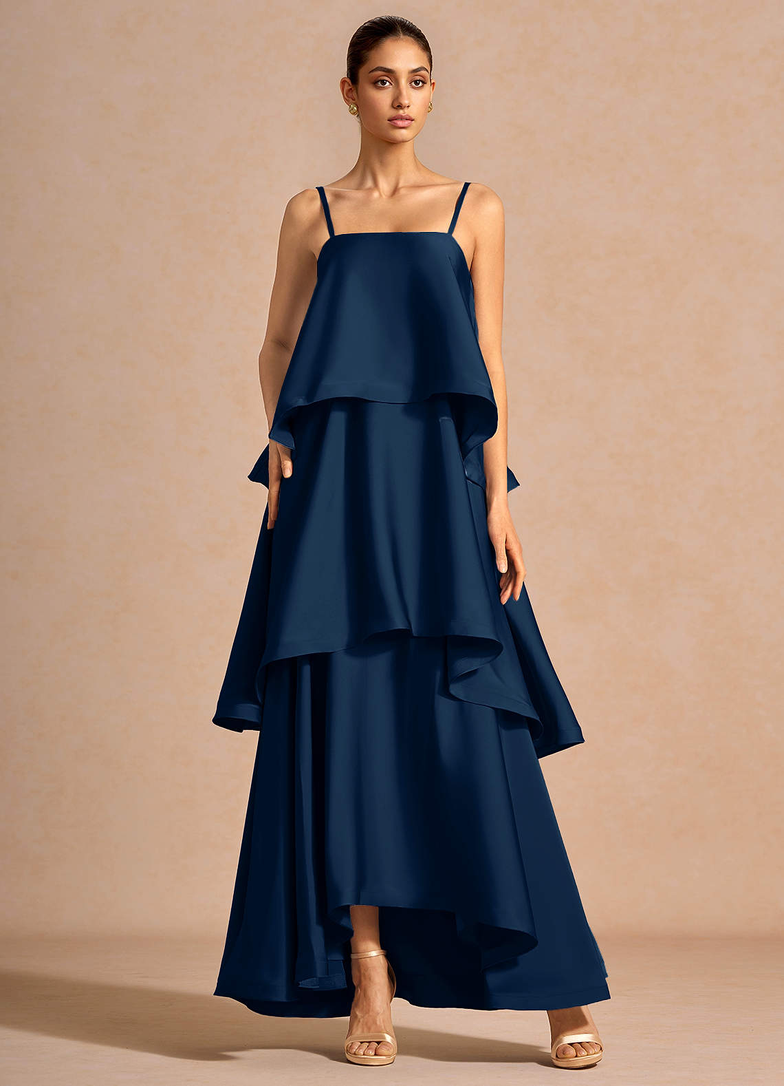 Itasca A-Line Tiered Stretch Satin Wedding Guest Dress in Navy