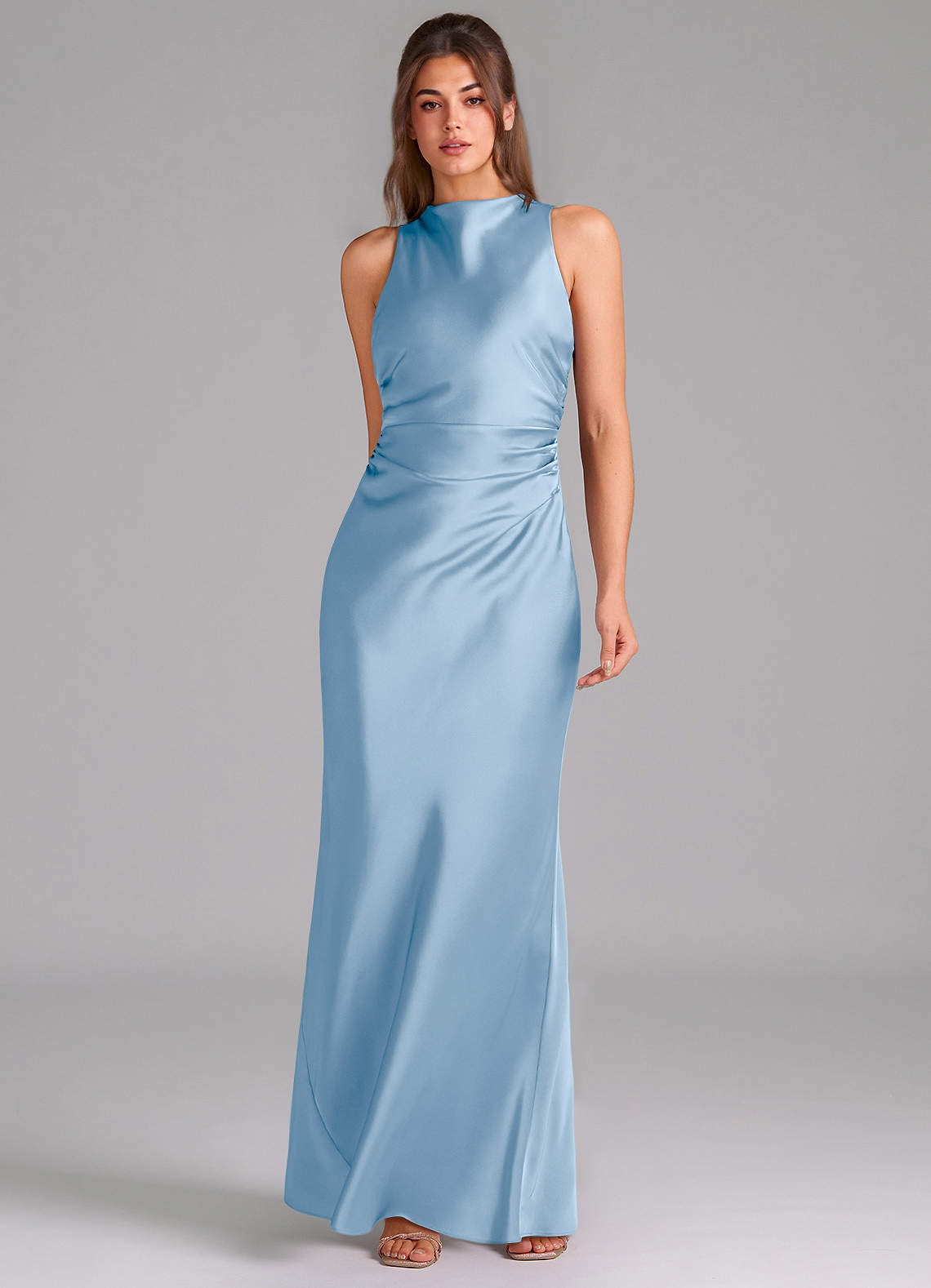 Evadne Sheath Scoop-Neck Stretch Satin Bridesmaid Dress in Powder Blue