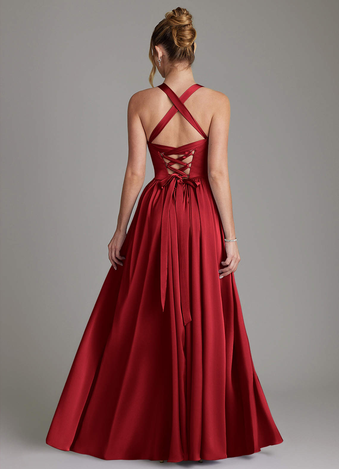 Francis A-Line V-Neck Stretch Satin Bridesmaid Dress in Scarlet