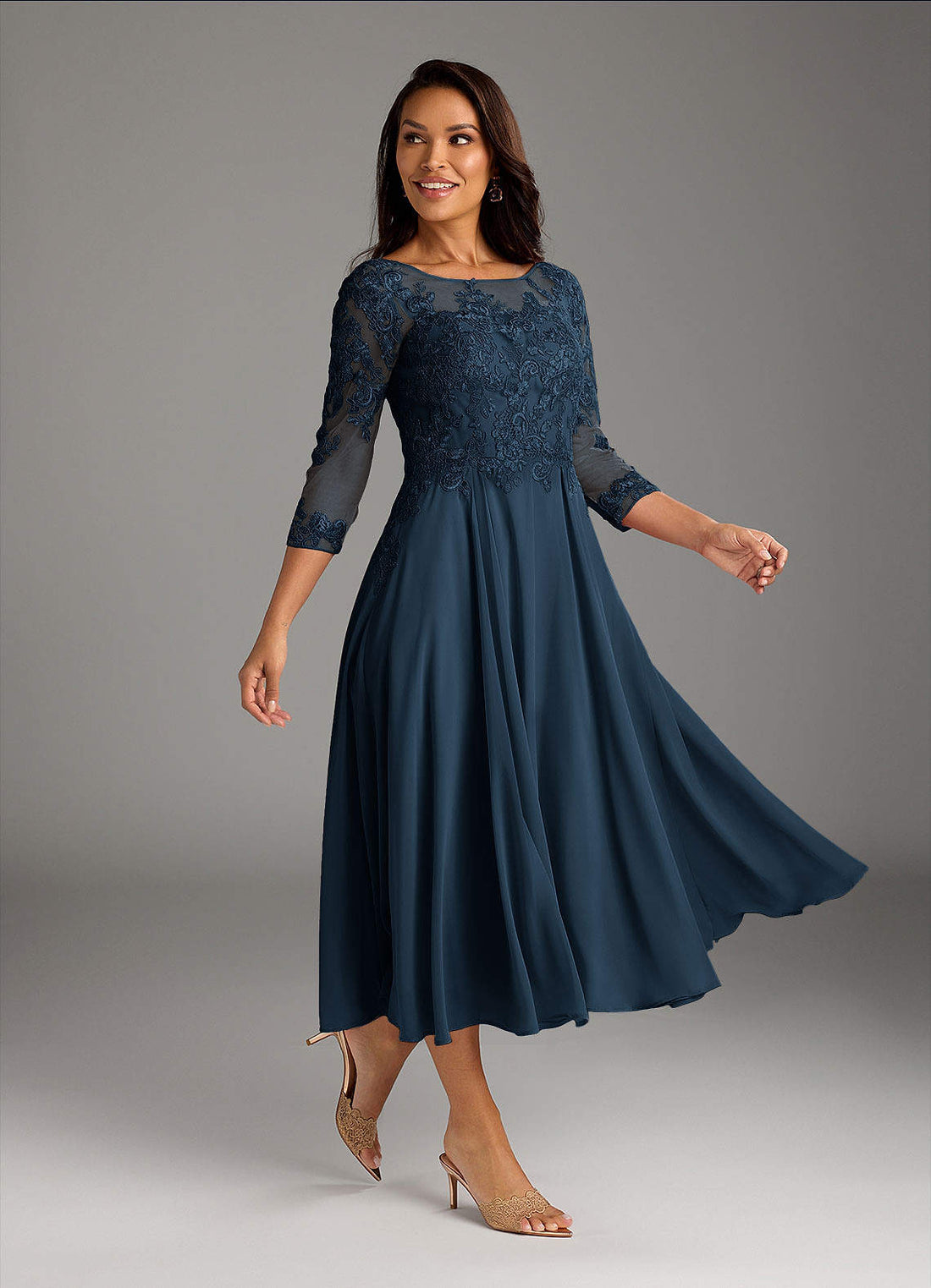 Marge A-Line Scoop-Neck Chiffon and Lace Mother of the Bride Dress in Dark Navy