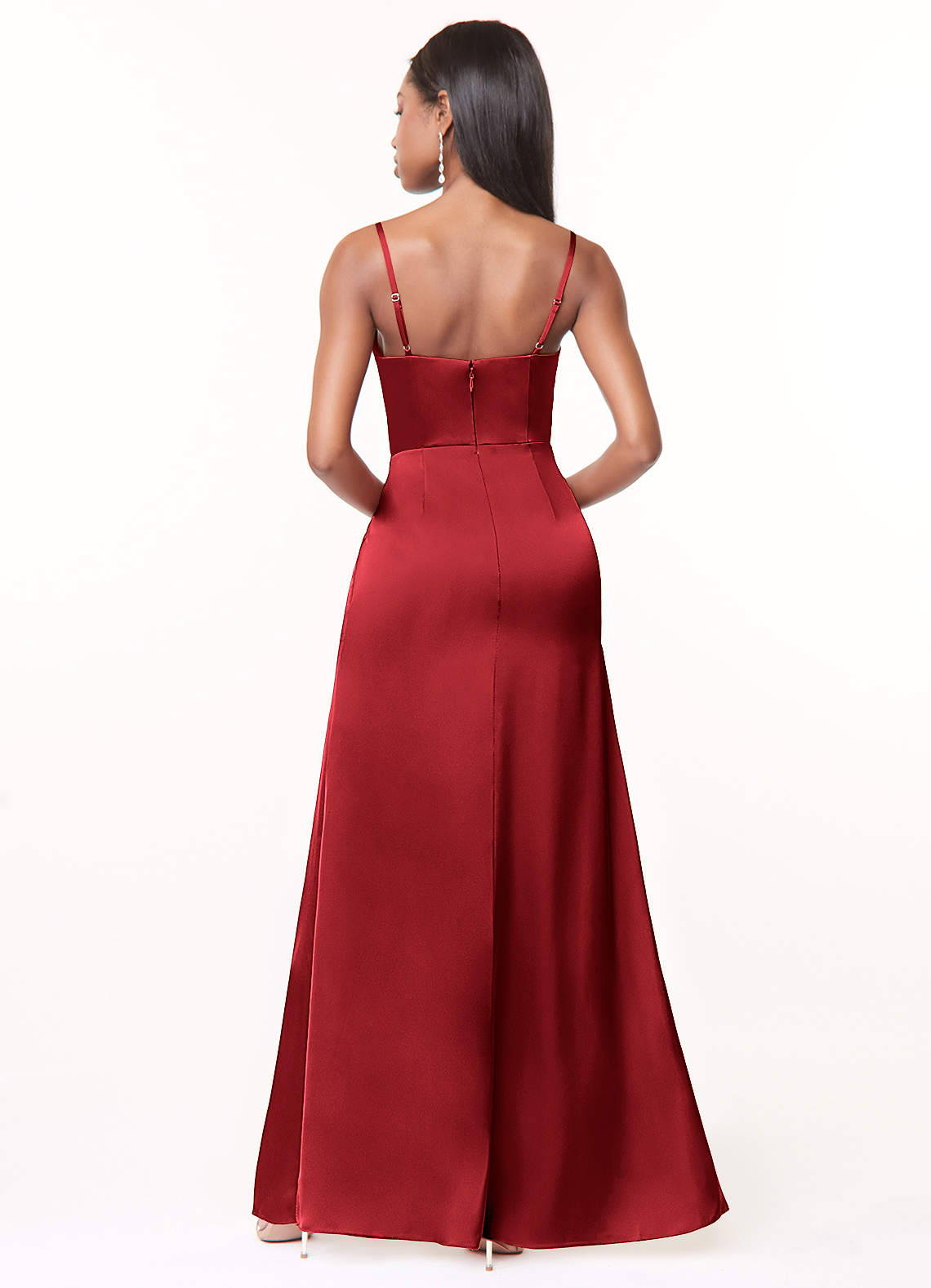 Maci A-Line V-Neck Stretch Satin Bridesmaid Dress in Scarlet