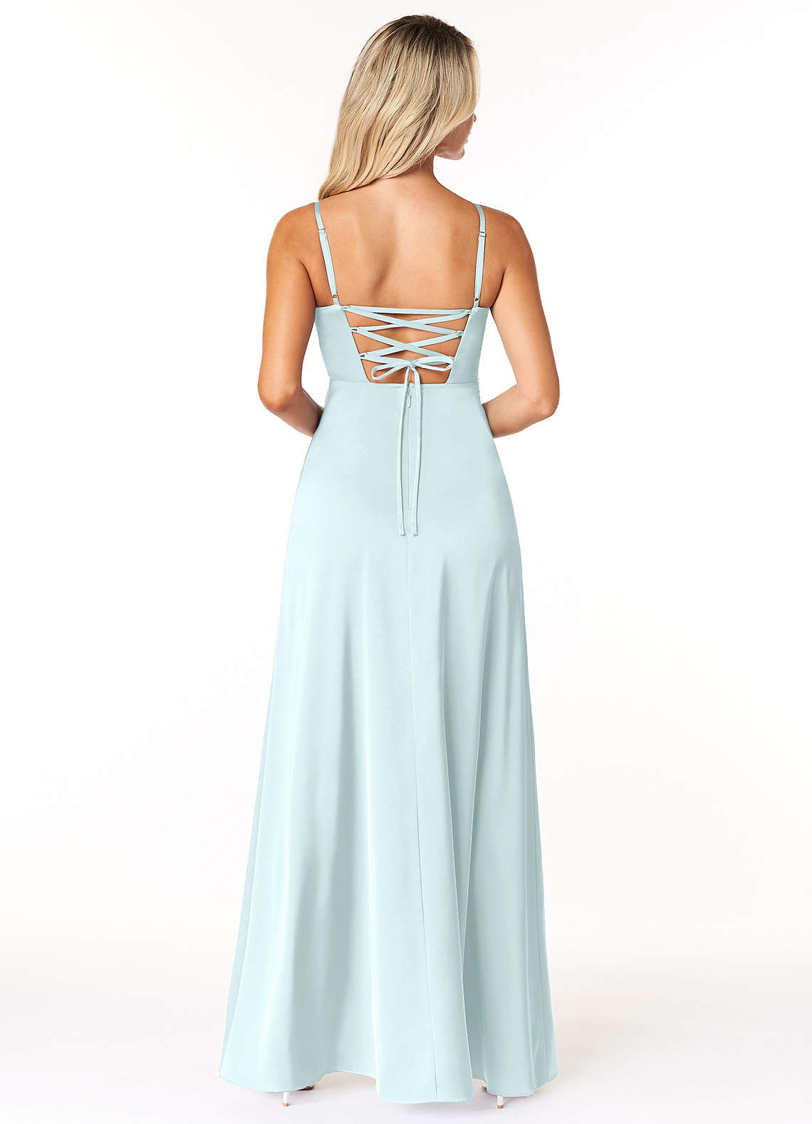 Marchella A-Line V-Neck Stretch Satin Bridesmaid Dress in Sea Glass